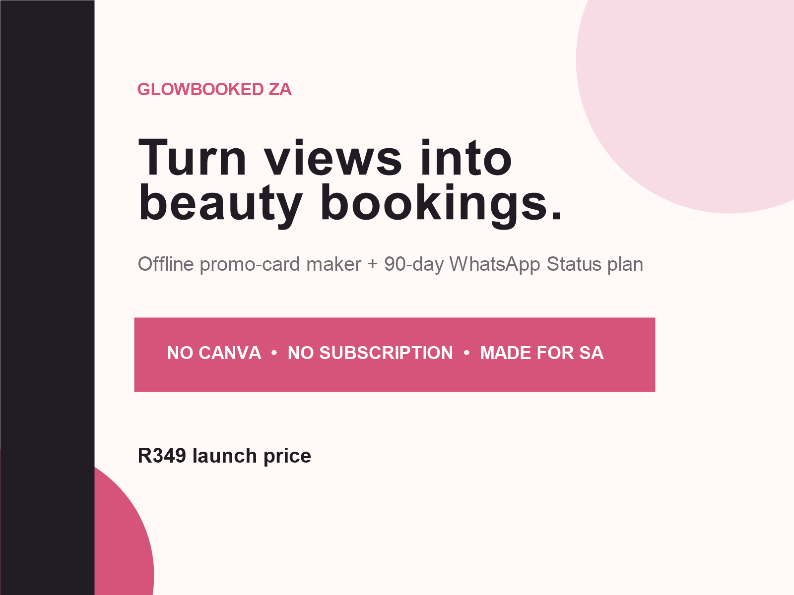GlowBooked ZA WhatsApp Promo Maker and 90-Day Status Plan cover